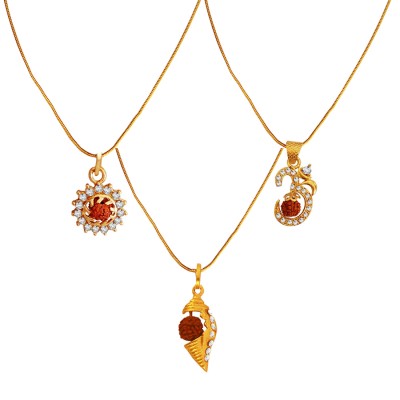 Gold Plated Shankh,Lord Surya & Rudraksha Studded OM Pendant Combo For Men 